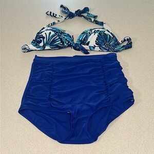 Tropical print/Royal Blue high-waist Bikini Set. M/36B.